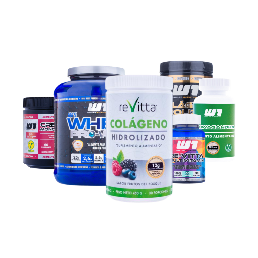 Imagen de varios suplementos deportivos: Proteina, creatina, ashwagandha, colágeno hidrolizado